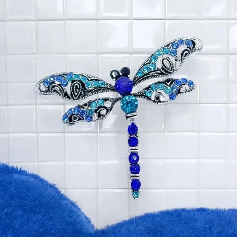 Blue Rhinestone Dragonfly Brooch Articulated Tail Silver Statement Pin Gift NIP
